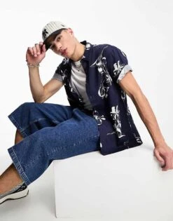 Superdry Vintage Hawaiian Short Sleeve Shirt In Navy For Men Mono Hibiscus Navy