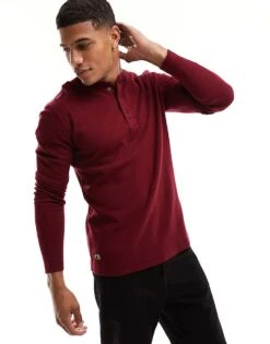 Superdry Waffle Long Sleeve Henley Top In Stanton Red For Men