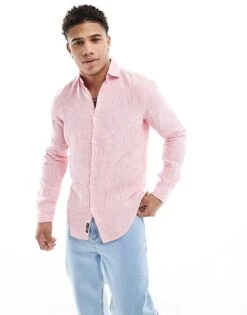 Superdry Casual Linen Long Sleeve Shirt In New House Pink Stripe For Men