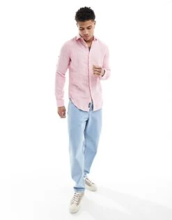 Superdry Casual Linen Long Sleeve Shirt In New House Pink Stripe For Men -Mens Out Fit Deals 206588129 3