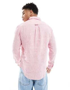 Superdry Casual Linen Long Sleeve Shirt In New House Pink Stripe For Men -Mens Out Fit Deals 206588129 4