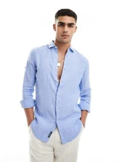 Superdry Casual Linen Long Sleeve Shirt In Light Blue Chambray For Men -Mens Out Fit Deals 206838651 1 lightbluechambray 1