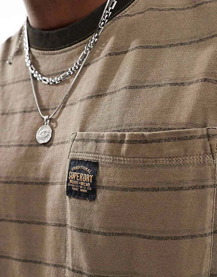 Superdry Textured Stripe Pocket T-shirt In Washed Morel Brown Stripe For Men 4 Superdry Textured Stripe Pocket T-shirt In Washed Morel Brown Stripe For Men - Image 2