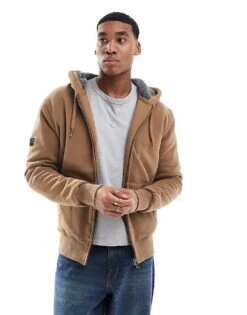 Superdry Borg Lined Zip Hoodie In Caramel Brown For Men