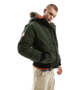 Superdry Everest Faux Fur Bomber Jacket In Army Green For Men