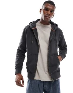 Superdry Essential Logo Washed Zip Hoodie In Washed Black For Men