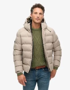 Superdry Hooded Tweed Sports Puffer Jacket In Beige Marl For Men