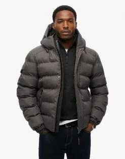 Superdry Hooded Tweed Sports Puffer Jacket In Grey Marl For Men