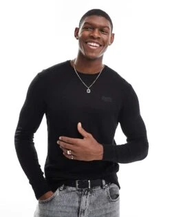 Superdry Essential Slim Fit Crew Jumper In Black For Men