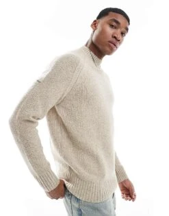 Superdry Chunky Raglan Jumper In White Pepper Beige For Men