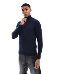 Superdry Essential Embroidered Knitted Half Zip Jumper In Navy Marl For Men