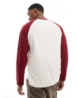 Superdry Essential Logo Baseball Long Sleeve Top In White Sand/rich Burgundy For Men -Mens Out Fit Deals 207961050 3