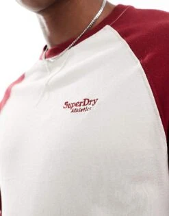 Superdry Essential Logo Baseball Long Sleeve Top In White Sand/rich Burgundy For Men -Mens Out Fit Deals 207961050 4