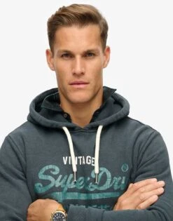 Superdry Duo Vintage Logo Hoodie In Jet Black For Men