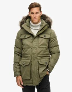 Superdry Chinook Faux Fur Parka Coat In Dusty Olive Green For Men