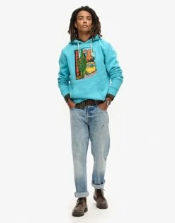 Superdry Travel Postcard Graphic Hoodie In Maui Blue For Men -Mens Out Fit Deals 208286628 2