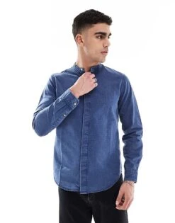 Superdry Indigo Grandad Shirt In Indigo Gingham For Men