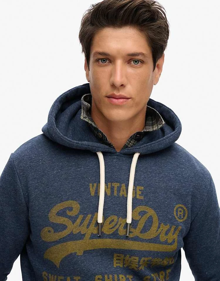 Superdry Classic Vintage Logo Graphic Hoodie In Vintage Navy Marl For Men 5 Superdry Classic Vintage Logo Graphic Hoodie In Vintage Navy Marl For Men - Image 3