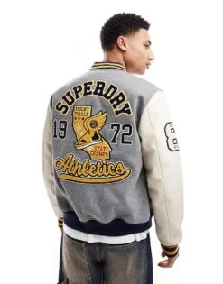 Superdry College Patched Bomber Jacket In Grey Marl For Men